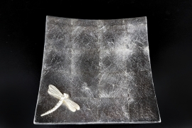 Silver square lacquer tray attached with dragonfly 18 cm
